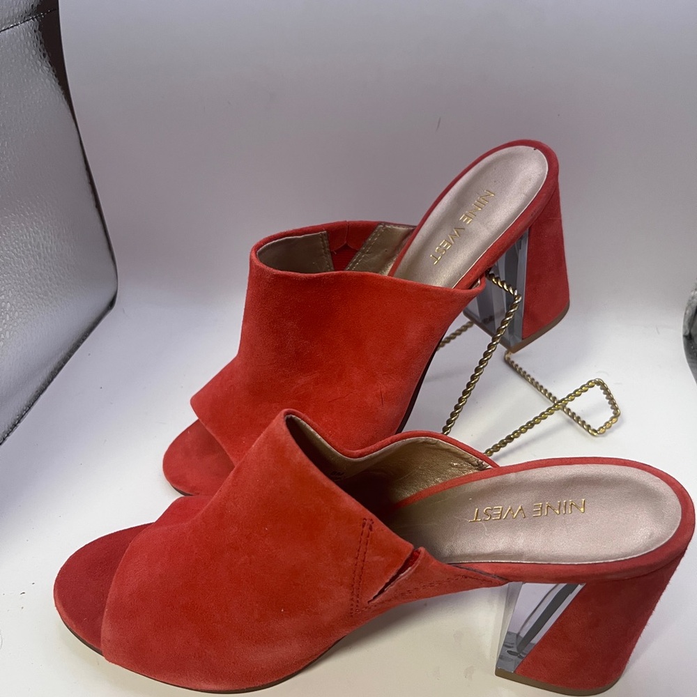 Nine West Red Suede Mules with Block Heels 3”